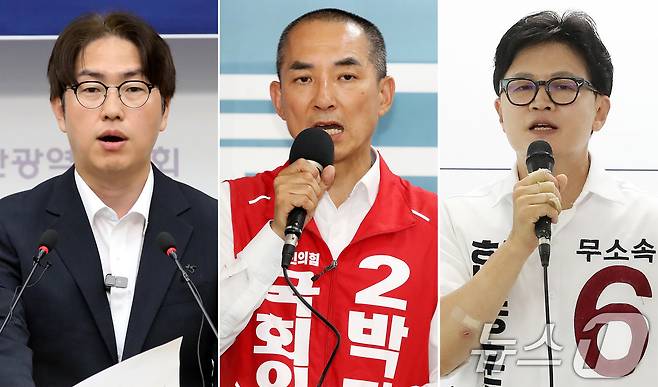 부산 북구갑 국회의원 후보들이 1일 기자회견을 열고 지지를 호소하고 있다. 이날 부산시의회 브리핑룸에서 기자회견하는 하정우 더불어민주당 후보(왼쪽부터), 북구 선거사무소에서 기자회견하는 박민식 국민의힘 후보, 북구 선거사무소에서 기자회견하는 한동훈 무소속 후보. 2026.6.1 ⓒ 뉴스1 윤일지 기자