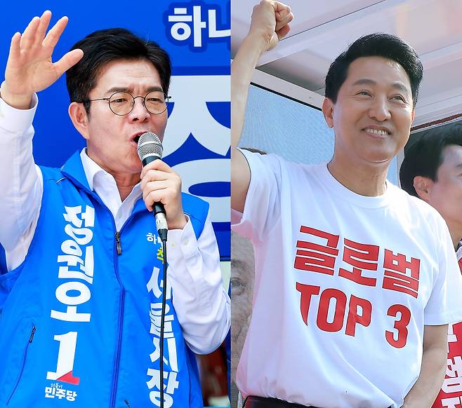 정원오 더불어민주당(왼쪽), 오세훈 국민의힘 서울시장 후보가 6·3지방선거를 하루 앞둔 2일 각각 서울 영등포구, 용산구 일대에서 시민들에게 지지를 호소하고 있다. /뉴스1