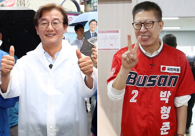 전재수 더불어민주당 부산시장 후보(왼쪽)와 박형준 국민의힘 부산시장 후보가 2일 부산 사하구 하단오일장과 동래구노인복지관에서 각각 시민들에게 지지를 호소하고 있다. /뉴스1