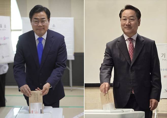 박찬대 더불어민주당 인천시장 후보(왼쪽)와 유정복 국민의힘 인천시장 후보가 29일 각각 인천시 사전투표소인 송도2동 행정복지센터, 문화창작지대에서 투표를 하고 있다. (박찬대후보사진 캠프 제공) 2026.5.29. 뉴스1