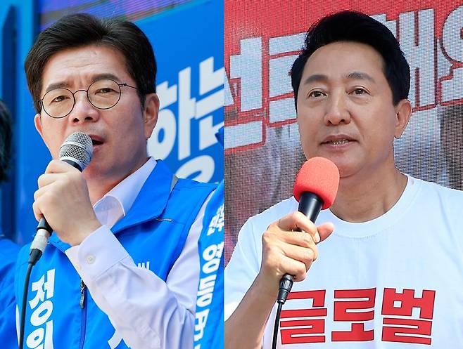 정원오 더불어민주당(왼쪽), 오세훈 국민의힘 서울시장 후보가 6·3지방선거를 하루 앞둔 지난 2일 각각 서울 영등포구, 용산구 일대에서 시민들에게 지지를 호소하고 있다. 뉴스1