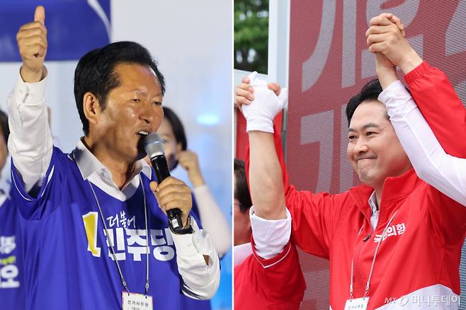 (서울=뉴스1) 신웅수 기자,황기선 기자 = 정청래 더불어민주당 대표와 장동혁 국민의힘 대표가 2일 서울 청계광장과 충남 청양재래시장에서 각각 시민들에게 지지를 호소하고 있다. 2026.6.2/뉴스1  Copyright (C) 뉴스1. All rights reserved. 무단 전재 및 재배포,  AI학습 이용 금지. /사진=(서울=뉴스1) 신웅수 기자,황기선 기자