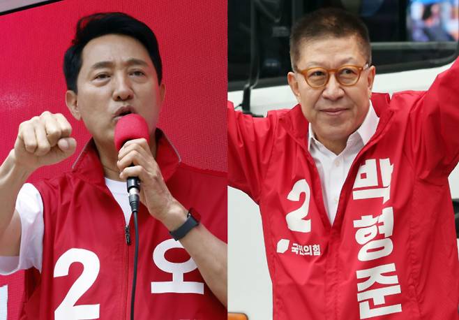 오세훈 국민의힘 서울시장 후보(왼쪽), 박형준 국민의힘 부산시장 후보(오른쪽). /사진=뉴스1·뉴시스