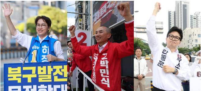 부산 북구갑 보궐선거에 출마한 더불어민주당 하정우 후보(왼쪽), 국민의힘 박민식 후보(가운데), 무소속 한동훈 후보 부산=류영주 기자