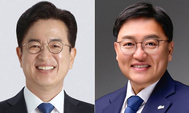 허태정 민주당 대전시장 후보(왼쪽),&nbsp;조상호 민주당 세종시장 후보. 후보 제공