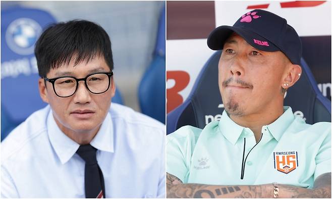 프로축구 K리그2 수원 삼성의 이정효(왼쪽) 감독과 화성FC의 차두리 감독.