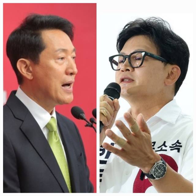 오세훈 국민의힘 서울시장 당선인과 한동훈 무소속 부산 북구갑 국회의원 재보궐선거 당선인. [연합뉴스]
