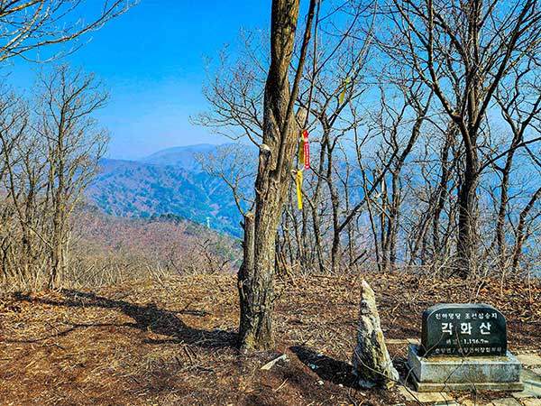 각화산 정상. 잡목에 가려 있던 중 북쪽을 열어 태백산과 백두대간 방향이 조망되고 있다. 정상석에는 '천하명당 조선십승지'라 쓰여 있다. 가장 살기 좋은 10개의 명당 중 한 곳이란 뜻이다.