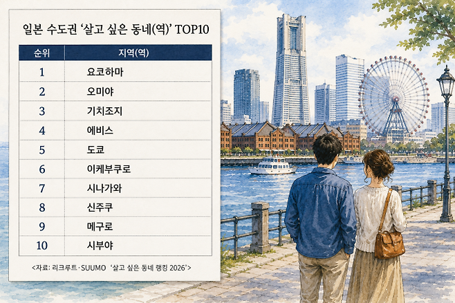 일본 부동산·주거 정보 플랫폼 스모(SUUMO)가 도쿄·가나가와·사이타마·지바·이바라키 등 수도권 거주 20~49세 9000명을 대상으로 실시한 ‘살고 싶은 동네 랭킹 2026’ 조사 결과. 요코하마는 9년 연속 1위를 차지했다. 챗 GPT 생성