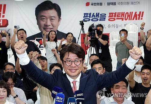 기뻐하는 유의동 (평택=연합뉴스) 홍기원 기자 = 경기 평택을 국회의원 재선거에 출마한 국민의힘 유의동 후보가 4일 평택 선거사무소에서 당선이 확실시되자 손을 들어올리고 있다. 2026.6.4 [공동취재]
    xanadu@yna.co.kr
(끝)
