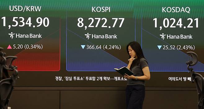 5일 오전 서울 중구 하나은행 딜링룸 전광판에 지수가 표시되고 있다. 사진=뉴시스