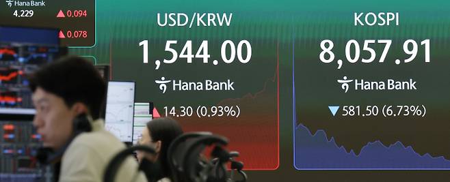 서울 중구 하나은행 딜링룸 전광판에 원·달러 환율이 장중 1,544원을 나타내고 있다./사진=뉴스1