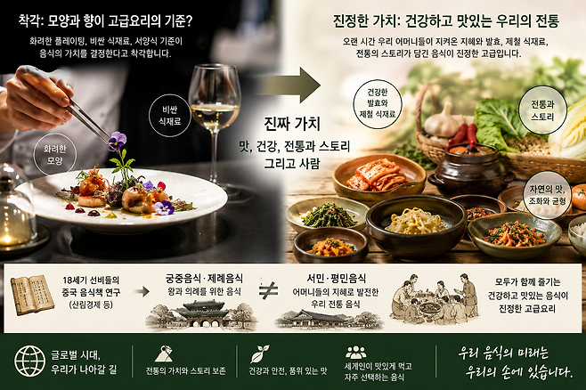 프랑스 요리와 우리 궁중요리를 비교한 AI 이미지.