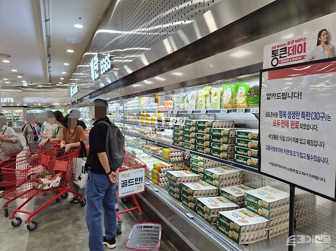5일 오후 서울 중구 롯데마트 제타플렉스 서울역점 계란 판매대 앞에 할인 상품 재입고를 기다리는 소비자들의 줄이 길게 늘어서 있다. ⓒ투데이신문