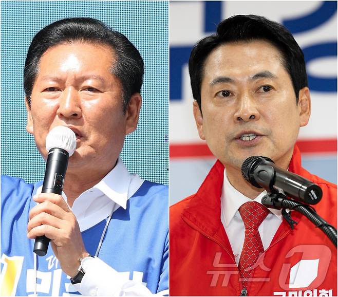 정청래 더불어민주당 대표(왼쪽)와 장동혁 국민의힘 대표가 25일 각각 전북 전주시 전북대학교 구정문 앞과 대구 수성구 국민의힘 대구시당에서 열린 대구·경북 공동 비전선포식에서 인사말을 하고 있다. 2026.5.25 ⓒ 뉴스1 유경석 기자,유승관 기자