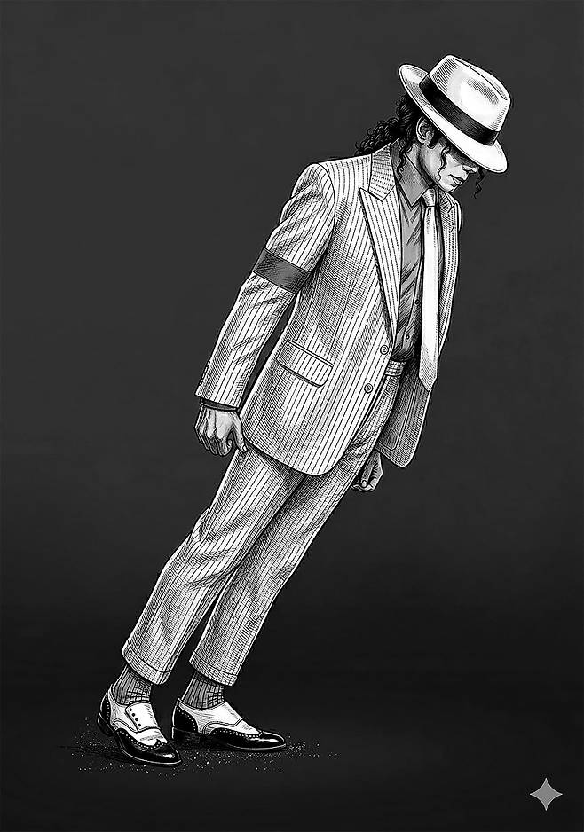 마이클 잭슨 대표곡 ‘스무드 크리미널’(1987년)의 상징적인 린 댄스(Lean dance·45도로 몸을 기울인 안무)를 제미나이로 생성한 이미지.
