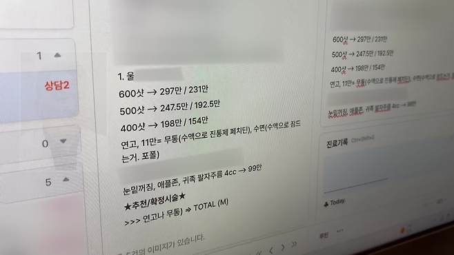 피부과의원 B에서 받은 상담 내역. ‘페티딘’을 무통 주사로 홍보하고 있다.
