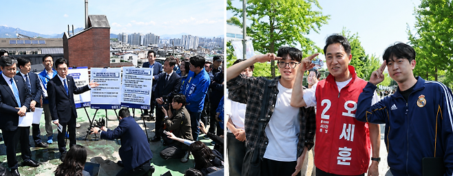 (왼쪽) 정원오 더불어민주당 서울시장 후보가 4월 29일 서울 성북구 장위14 주택재개발구역을 찾아 부동산 공약을 발표하고 있다. (오른쪽) 오세훈 국민의힘 서울시장 후보가 제9회 전국동시지방선거 사전투표 첫날인 5월 29일 서울 서대문구 연세대학교에서 학생들과 기념촬영을 하며 유세를 펼치고 있다. 홍윤기 기자·연합뉴스