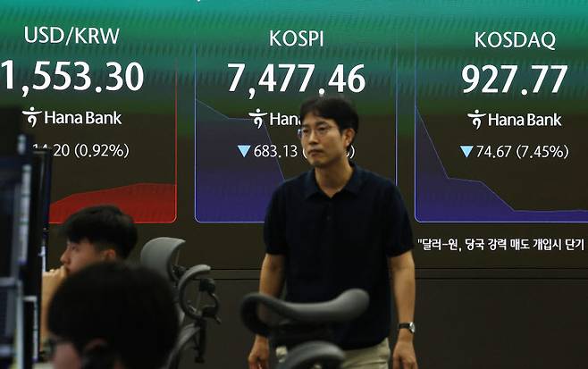 급락장에 코스피 서킷 브레이커가 발동된 8일 서울 하나은행 본점 딜링룸에서 딜러들이 업무를 보고 있다.(사진=연합뉴스)