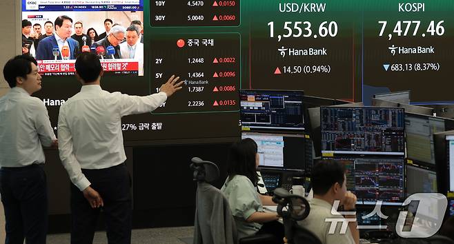 코스피와 코스닥 시장이 동반 하락 출발한 8일 서울 중구 하나은행 딜링룸 전광판에 장초반 시황이 나타나고 있다. 2026.6.8 ⓒ 뉴스1 권현진 기자