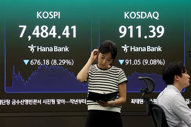 코스피 지수가 8%넘게 폭락 마감한 8일 오후 서울 중구 하나은행 딜링룸 현황판에 전장대비 676.18포인트(8.29%) 하락한 7484.41을 나타내고 있다. /뉴스1