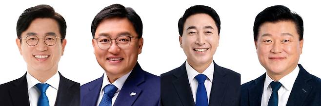 6·3 지방선거에서 당선된 더불어민주당 허태정 대전시장 당선인, 조상호 세종시장 당선인, 박수현 충남지사 당선인, 신용한 충북지사 당선인. 중앙선관위 제공