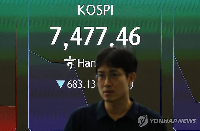 급락장에 코스피 서킷 브레이커 발동 (서울=연합뉴스) 윤동진 기자 = 급락장에 코스피 서킷 브레이커가 발동된 8일 서울 하나은행 본점 딜링룸에서 딜러들이 업무를 보고 있다. 2026.6.8 mon@yna.co.kr