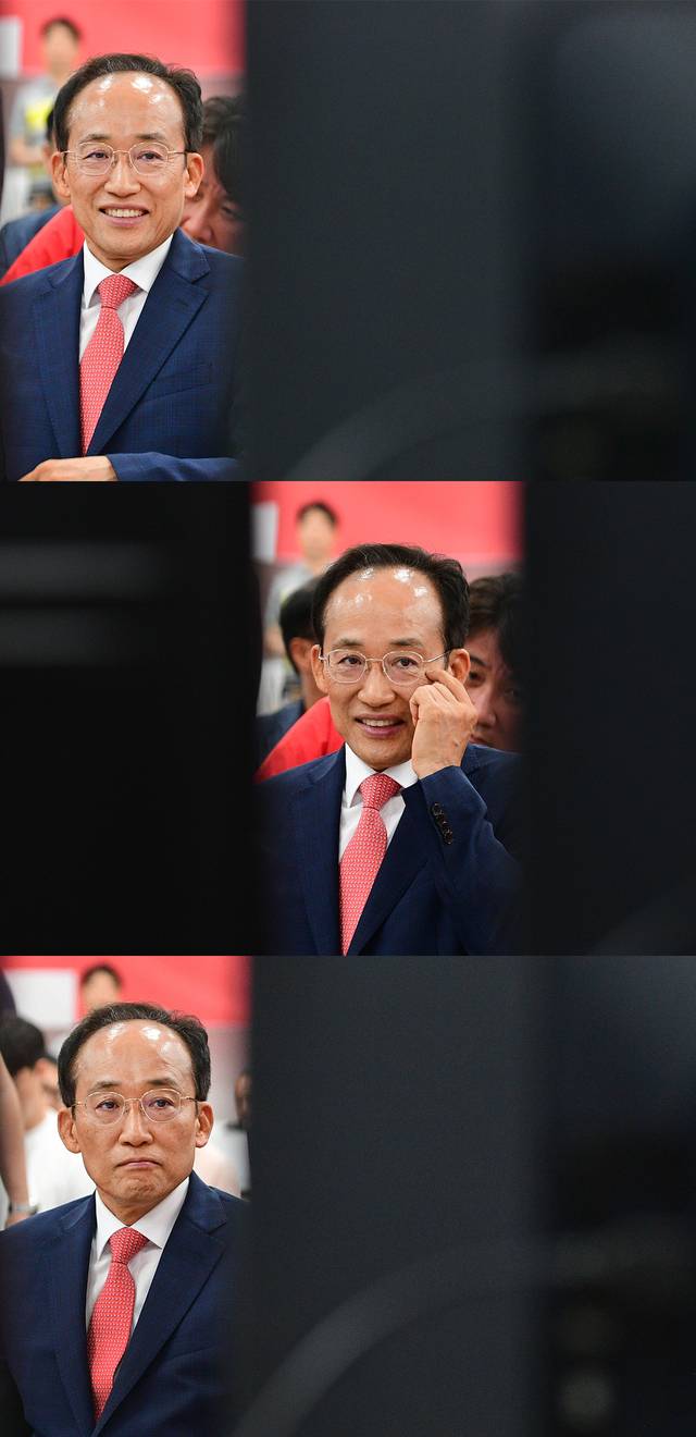 '제9회 전국동시지방선거'가 치러진 3일 오후 국민의힘 대구시당에서 추경호 대구시장 후보가 출구조사 결과를 지켜보며 다양한 표정을 짓고 있다. 김진홍 기자 solmin@idaegu.com