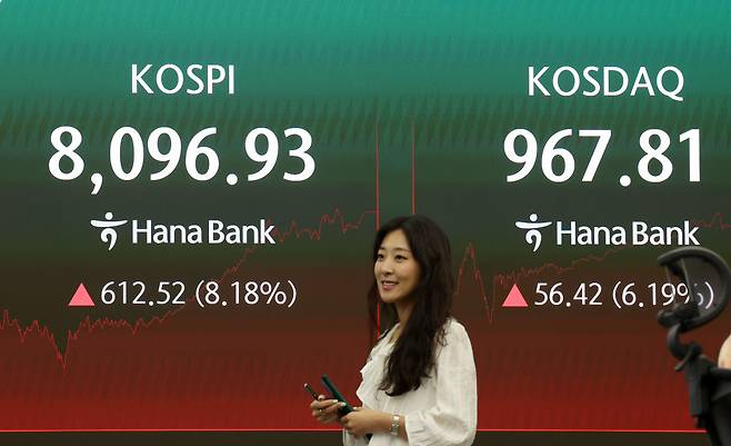 코스피가 전 거래일(7484.41)보다 612.52포인트(8.18%) 오른 8096.93에 장을 마감한 9일 오후 서울 중구 하나은행 딜링룸 전광판에 지수가 표시되고 있다.(뉴시스)