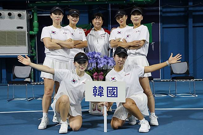 한국 대표팀(김수정, 김미경, 한윤자 감독, 정혜승, 이옥화, 성윤주, 서효영, 왼쪽 위부터 시계방향)