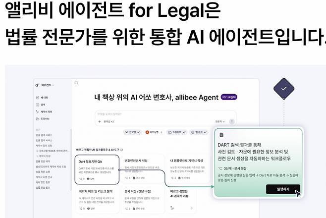 국내 리걸테크 스타트업 비에이치에스엔이 내놓은 법률 AI 에이전트 '앨리비' 설명. /사진=비에이치에스엔