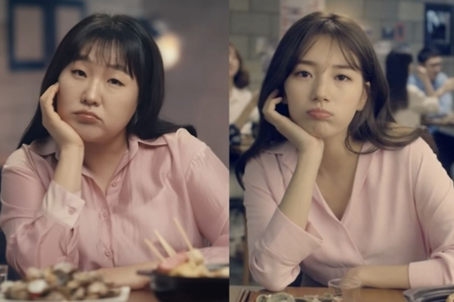 개그우먼 이수지(왼쪽)와 배우 수지가 각각 출연한 소주 광고. 연합뉴스