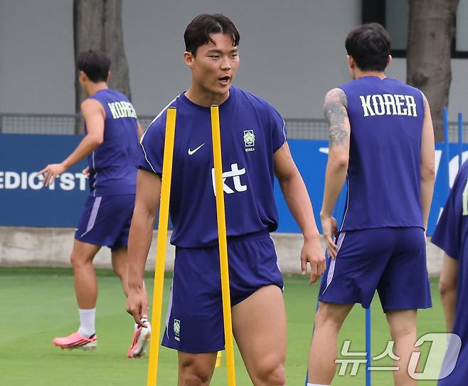 2026 북중미 월드컵에 출전하는 대한민국 축구 국가대표팀 오현규가 8일(현지시간) 멕시코 과달라하라 인근 사포판에 위치한 치바스 바예 베르데에서 훈련을 하고 있다. 2026.6.9 ⓒ 뉴스1 임세영 기자