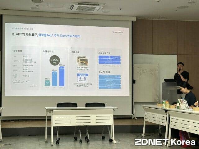 임태민 트러스테이 최고개발책임자가 K-APT 기술 표준, 글로벌 넘버원 주거 테크 트러스테이에 대해 발표하고 있다.