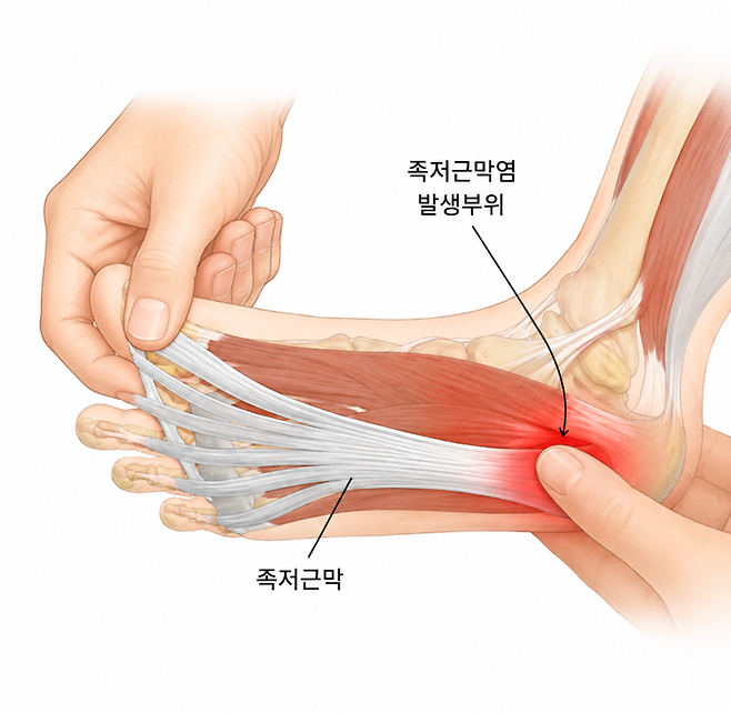 족저근막은 발뒤꿈치뼈에서 발가락 쪽으로 부채꼴처럼 이어지는 두껍고 단단한 섬유 띠다. 걷거나 뛸 때 발바닥에 실리는 충격을 흡수하는 '스프링' 역할을 한다. 이 근막에 반복적인 부담이 쌓여 발생하는 질환이 바로 족저근막염이다. /사진=파이낸셜뉴스 [AI생성 이미지 - ChatGPT]