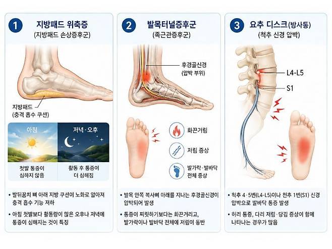 족저근막염과 유사한 질환에는 지방패드 위축증, 발목터널증후군, 요추 디스크로 인한 방사통 등이 있다. /사진=파이낸셜뉴스 [AI생성 이미지 - ChatGPT]