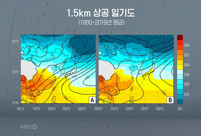 1990~2019년 평균 1.5 km 상공 지위고도 (실선), 상당온위 (음영) 일기도 (왼쪽) 장마철, (오른쪽) 8월 (자료: 연세대학교 박상훈 교수 연구팀 논문)