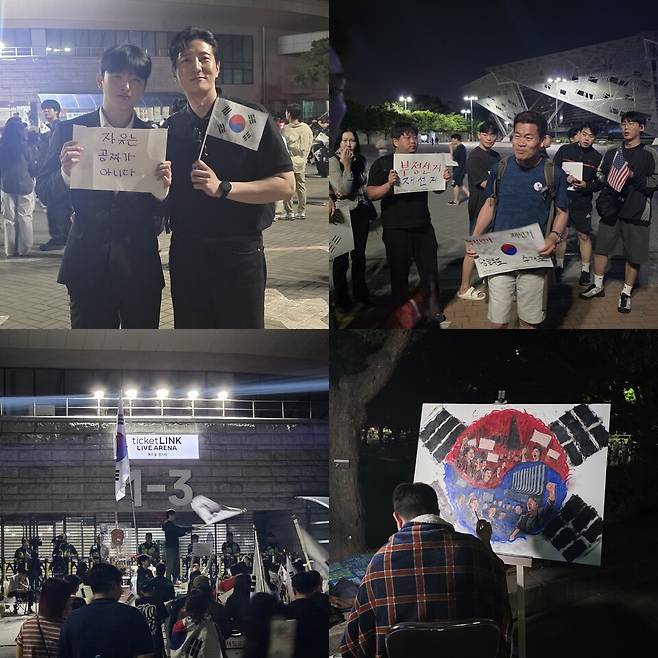 9일 자정 올림픽공원역에 모인 집회 참가자들. 오전 1시가 가까운 시각임에도 재선거를 촉구하는 구호를 연호했다.&nbsp;ⓒ시사저널 이태준