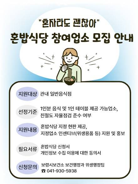 보령시, 혼밥식당 지원 [보령시 제공. 재판매 및 DB 금지]