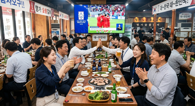 점심시간에 직장인들이 식당에서 한국 대표팀의 월드컵 경기를 응원하며 회식을 즐기고 있다. AI 생성 이미지