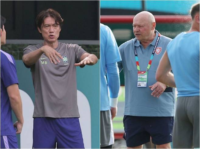 2026 북중미 월드컵 한국과 체코의 조별리그 1차전을 하루 앞둔 10일(현지시간) 멕시코 과달라하라 인근 사포판의 각 팀 훈련장에서 한국 홍명보 감독과 미로슬라프 코우베크 감독이 각각 팀을 지도하고 있다. 연합뉴스