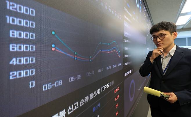 경찰청 전기통신금융사기 통합대응단 관계자가 보이스피싱 신고, 차단 등 추이를 표시한 전광판을 바라보고 있다. /박성원 기자