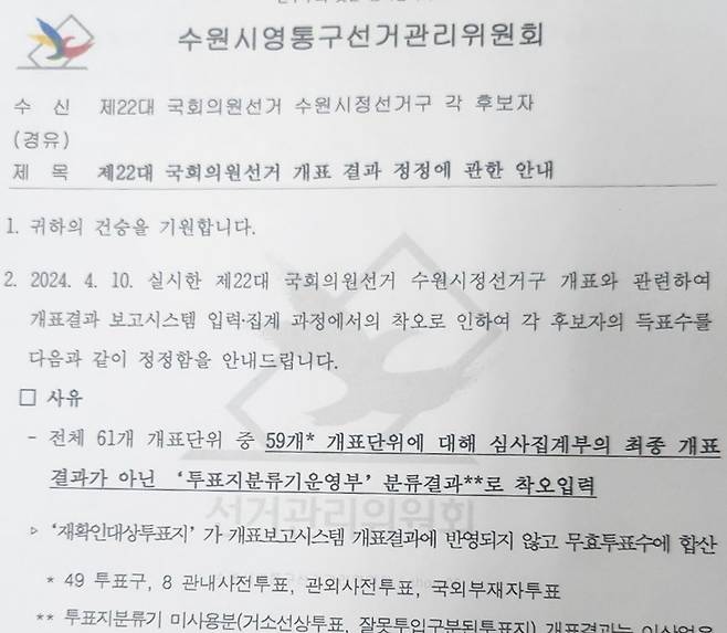 경기 수원시영통구선거관리위원회가 2024년 22대 총선 수원정지역구 개표 결과가 잘못됐다는 사실을 안 뒤 각 후보자들에게 보낸 정정 안내 공문. 사진 제보자