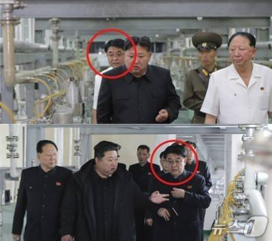 (평양 노동신문=뉴스1)= 지난 2024년(위)과 2025년(아래) 김정은 북한 당 총비서가 핵물질 생산 공장 시찰했을 당시 동행한 최일환 군수공업부 부부장 모습. [국내에서만 사용가능. 재배포 금지. DB 금지. For Use Only in the Republic of Korea. Redistribution Prohibited] rodongphoto@news1.kr