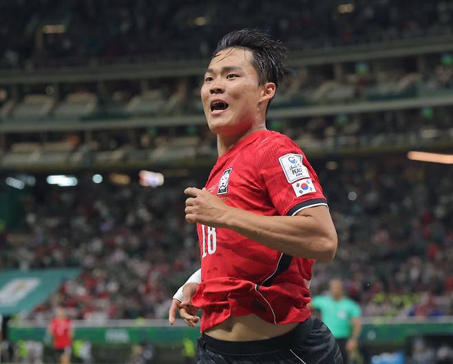 11일(현지시간) 멕시코 사포판 과달라하라 스타디움에서 열린 2026 북중미 월드컵 A조 1차전 한국과 체코의 경기. 한국 오현규가 후반 팀의 두 번째 골을 넣은 뒤 기뻐하고 있다. 사진=연합뉴스