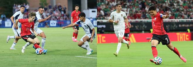 한국 축구 대표팀의 이강인(왼쪽)과 손흥민.연합뉴스