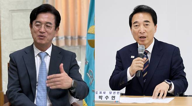 연합뉴스와 인터뷰하는 대전시장·충남도지사 당선인  왼쪽부터 허태정·박수현 당선인 [촬영 박주영 김준범]