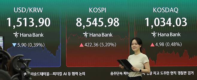 15일 서울 중구 하나은행 딜링룸 현황판에 코스피와 코스닥, 원·달러 환율이 표시되고 있다. 연합뉴스