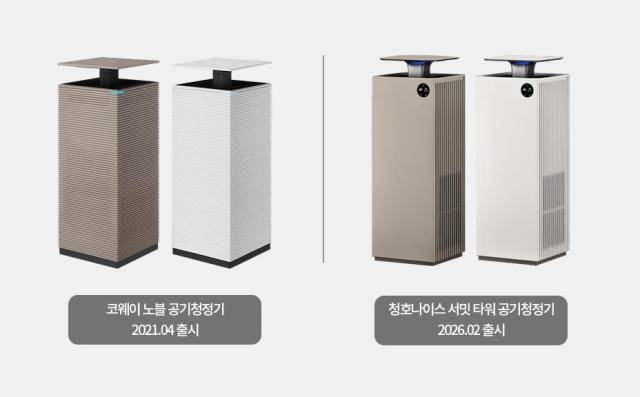 코웨이 노블 공기청정기(왼쪽)와 청호나이스 서밋타워 공기청정기 비교 [사진=코웨이]