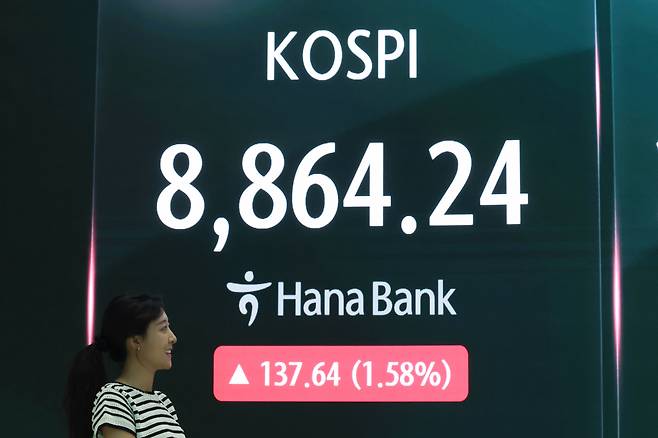 17일 서울 중구 하나은행 본점 딜링룸 현황판에 코스피가 표시돼 있다. 이날 코스피는 전장보다 137.64p(1.58%) 오른 8864.24으로 마감했다. [연합]